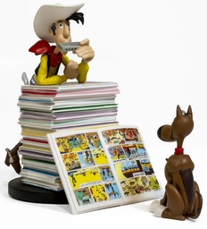 Figurine résine Lucky Luke - Lucky Luke & Rantanplan devant la pile de livres (Collectoys)