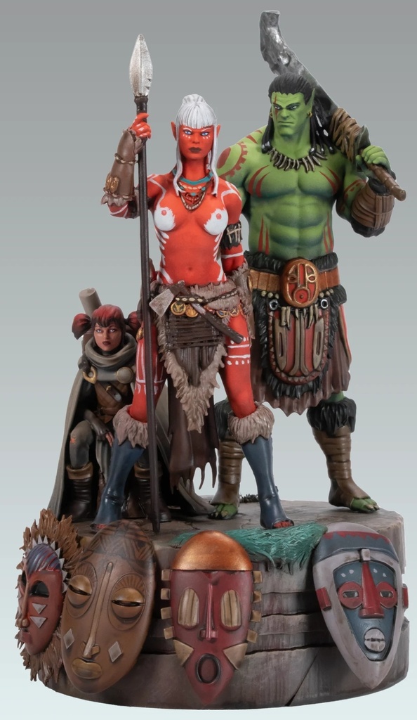 Figurine résine Mondes d'Aquilon - Elfes - Turuk ‘Masque’, Lea’Saa & Irinild - Diorama des masques