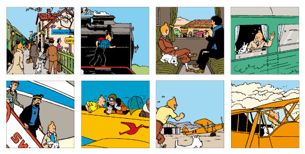 CP Hergé Coffret 8 mini-cartes 7,5x7,5 « Avion et train »