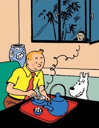 Poster Hergé Les aventures de Tintin Le Lotus bleu - Tintin prend le thé devant la fenêtre